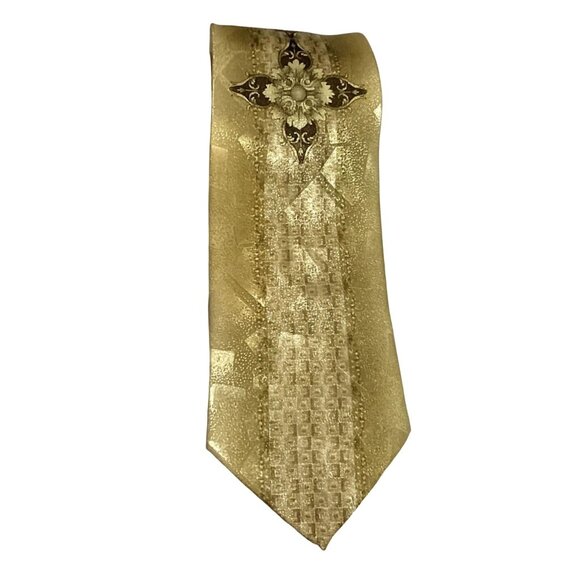 MCM ABSTRACT NECKTIE GOLD CROSS  POLYESTER DESIGNER 60" X 4" MENS - Picture 2 of 4